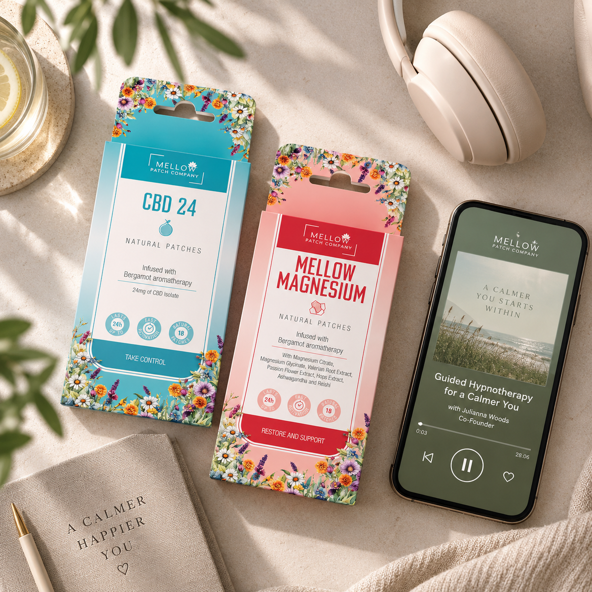 The Calm Reset: CBD 24 and Magnesium patches with the hypnotherapy recording playing on phone