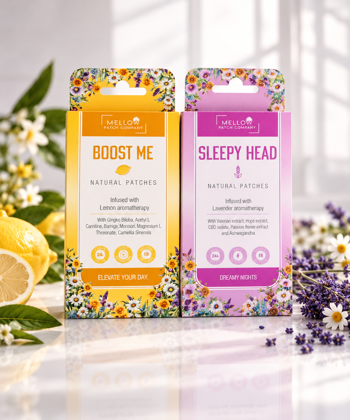 Mellow Daytime and Nighttime Duo with Boost Me daytime wellness patches and Sleepy Head nighttime wellness patches
